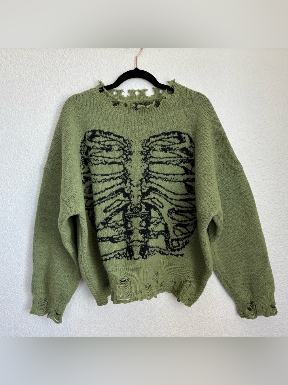 ROMWE Skeleton Distressed Sweater Green Rib Cage Knit Oversized Gothic Grunge L